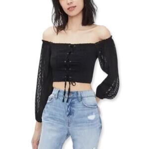 Aeropostale Cropped Top Lace Up Off Shoulder Sheer Long Sleeves Black W S NWOT